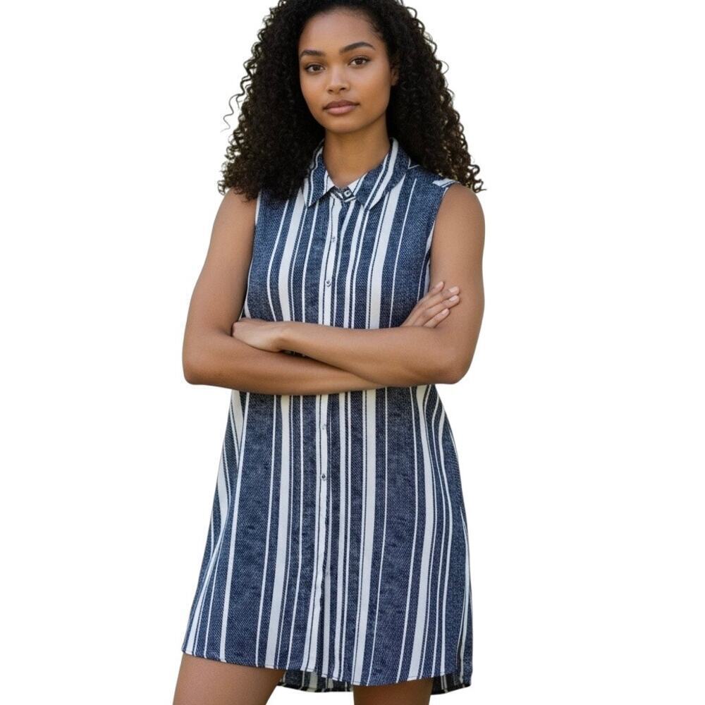 Alfani Womens Shift Dress 6 Blue White Striped Button Up Sleeveless Slit Hem